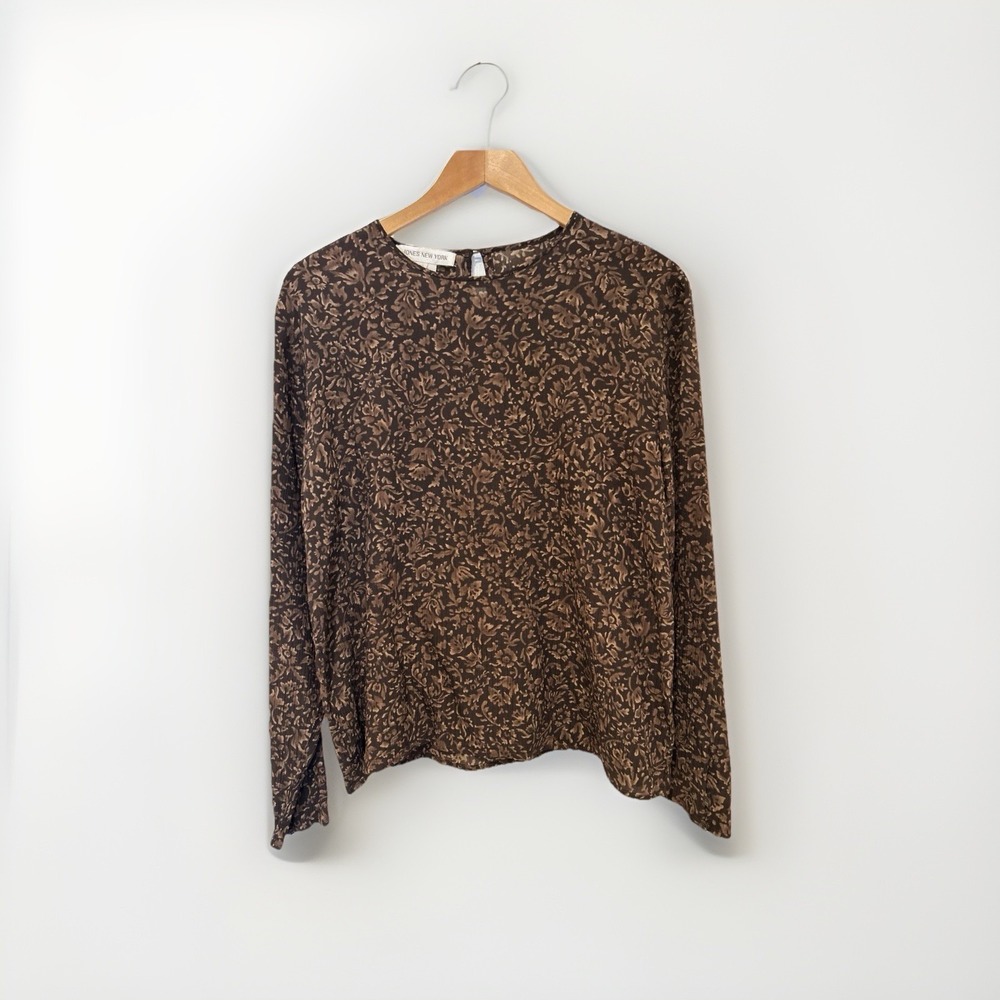 Vtg Jones New York Blouse Top 10 Brown Floral Crinkle Silk 1980s Korea Classic‎
